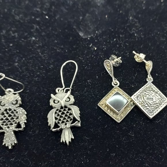 Pewter Owl Studs marked .925 & Square Marcasite Onyx Drop LOT of two - Picture 7 of 11
